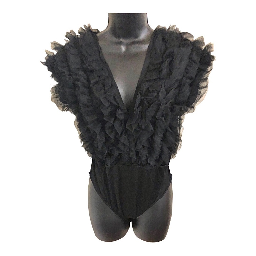 Ruffled Chiffon tulle plunge front black bodysuit size medium brand new - Picture 1 of 16